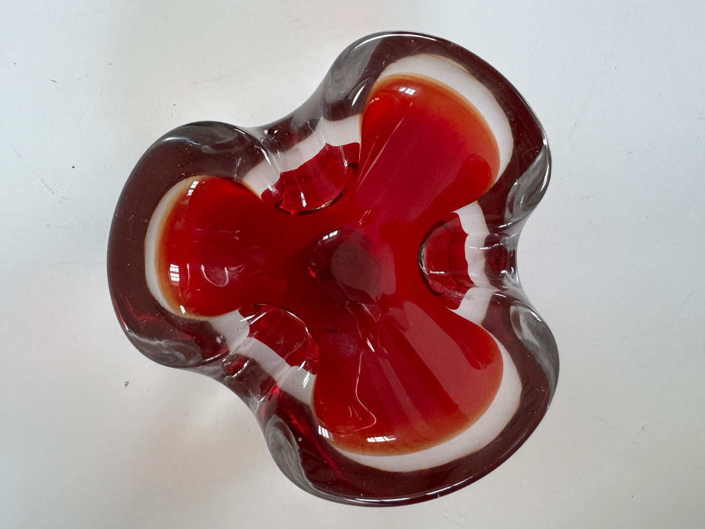 Red with encased white rim. Vintage Murano Art Glass Bowl.