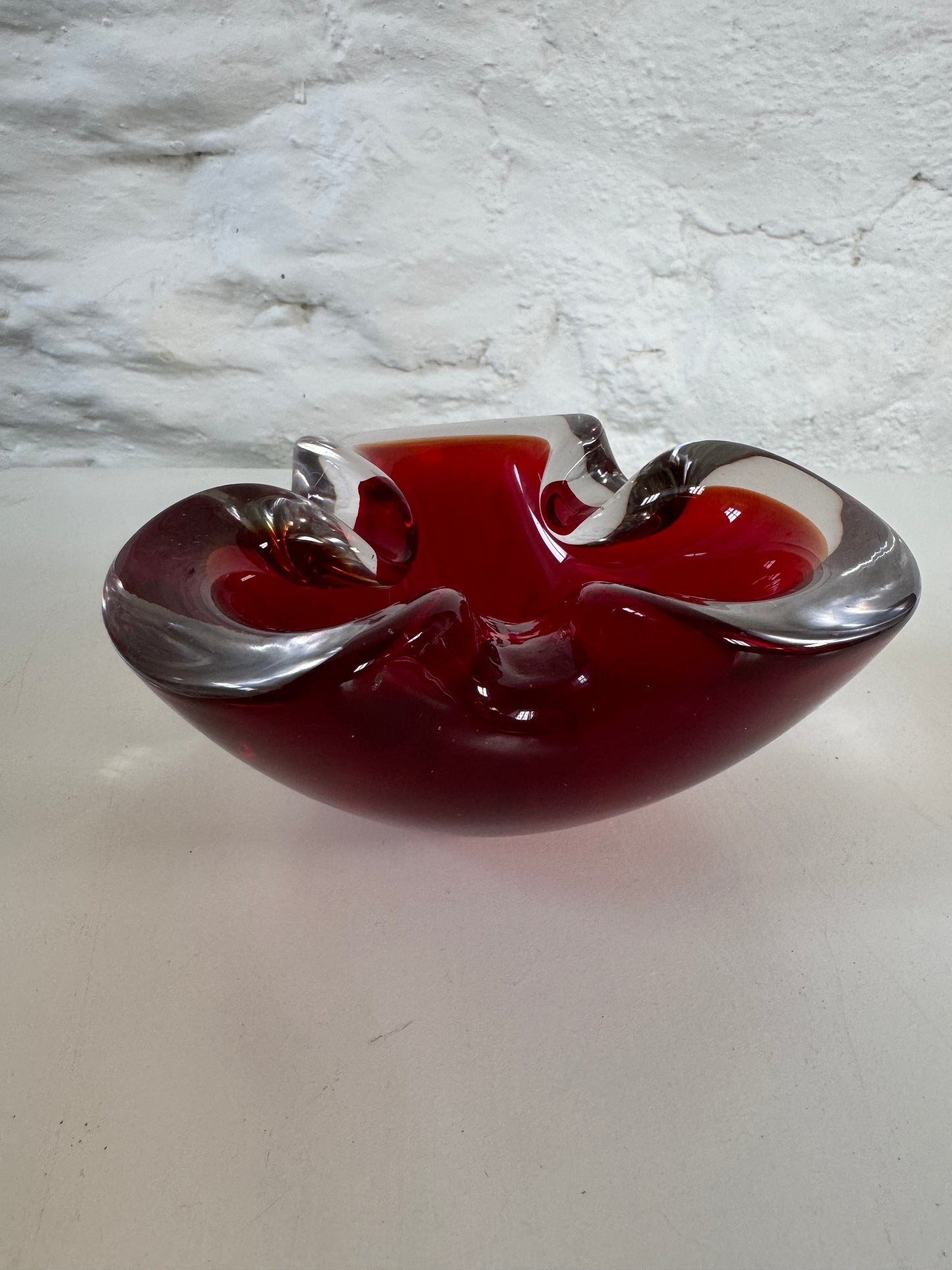 Red with encased white rim. Vintage Murano Art Glass Bowl.