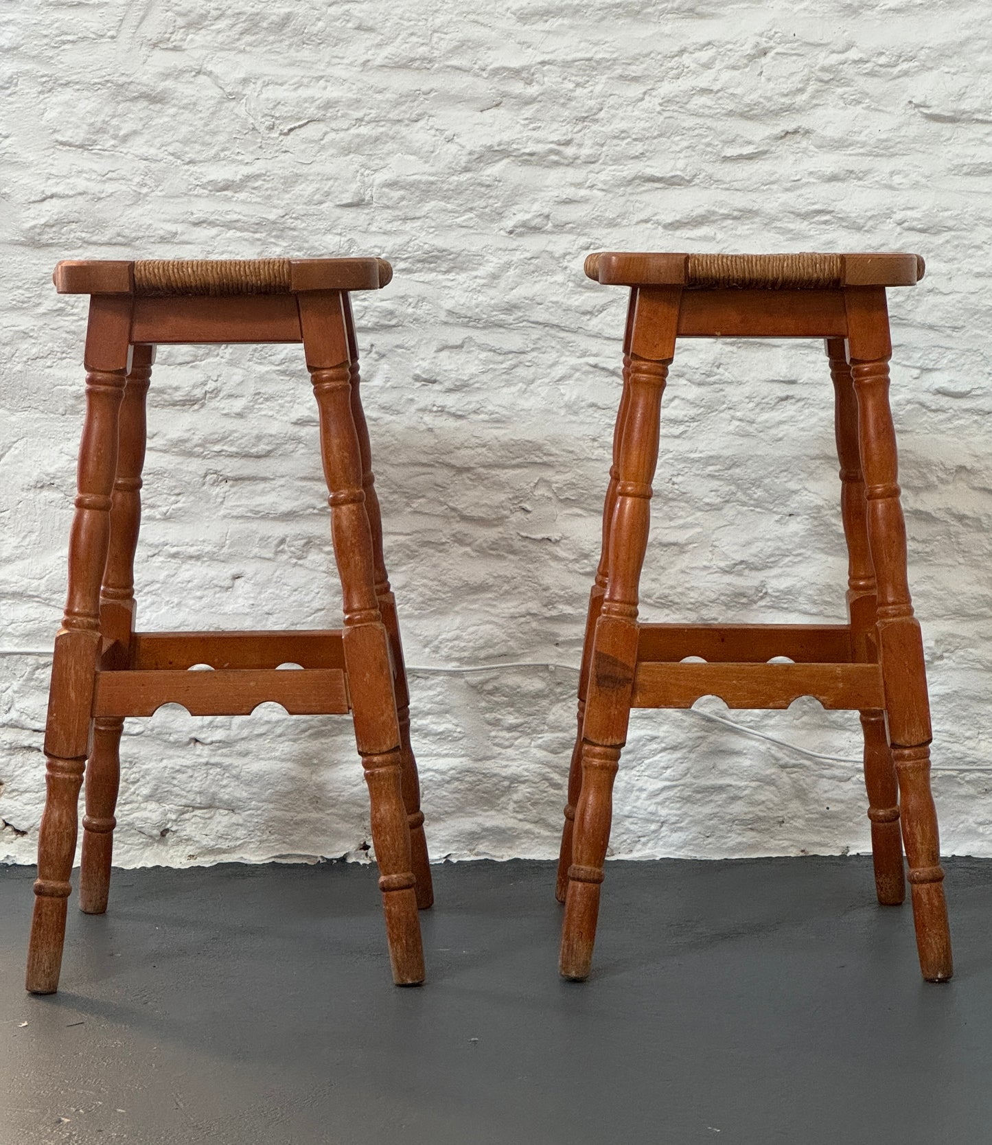 Pair Vintage Oak stools with Rush seats