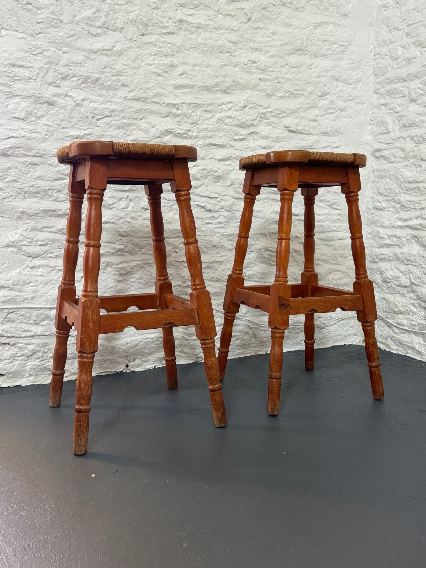 Pair Vintage Oak stools with Rush seats