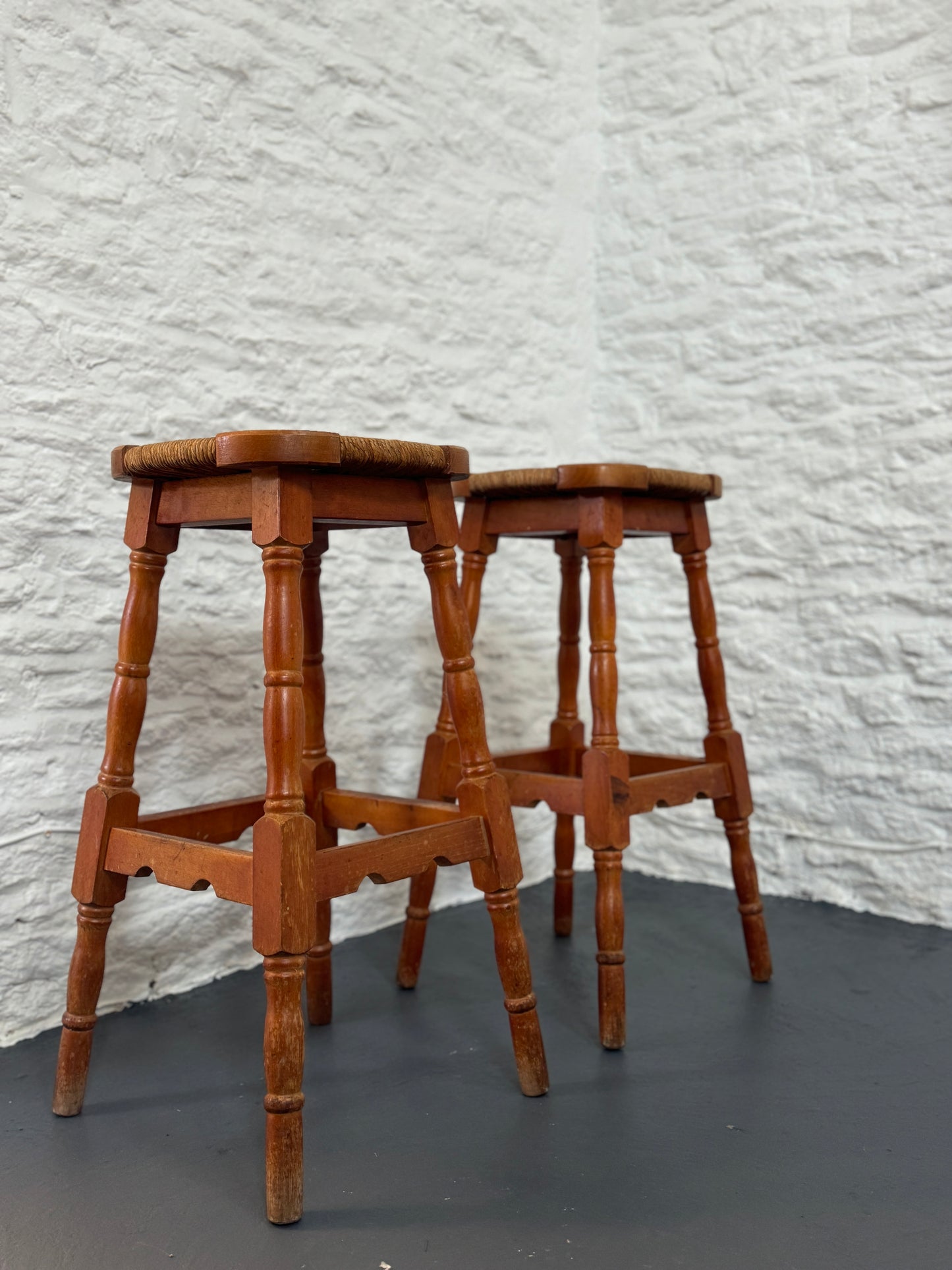 Pair Vintage Oak stools with Rush seats