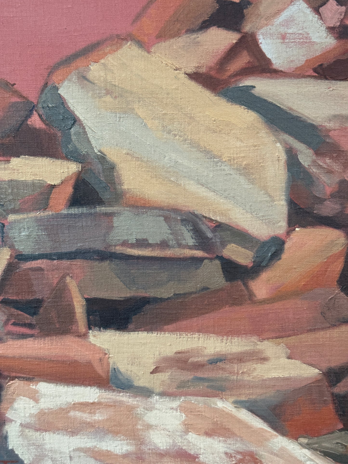 Vintage Oil Painting on Board, Pink Rocks