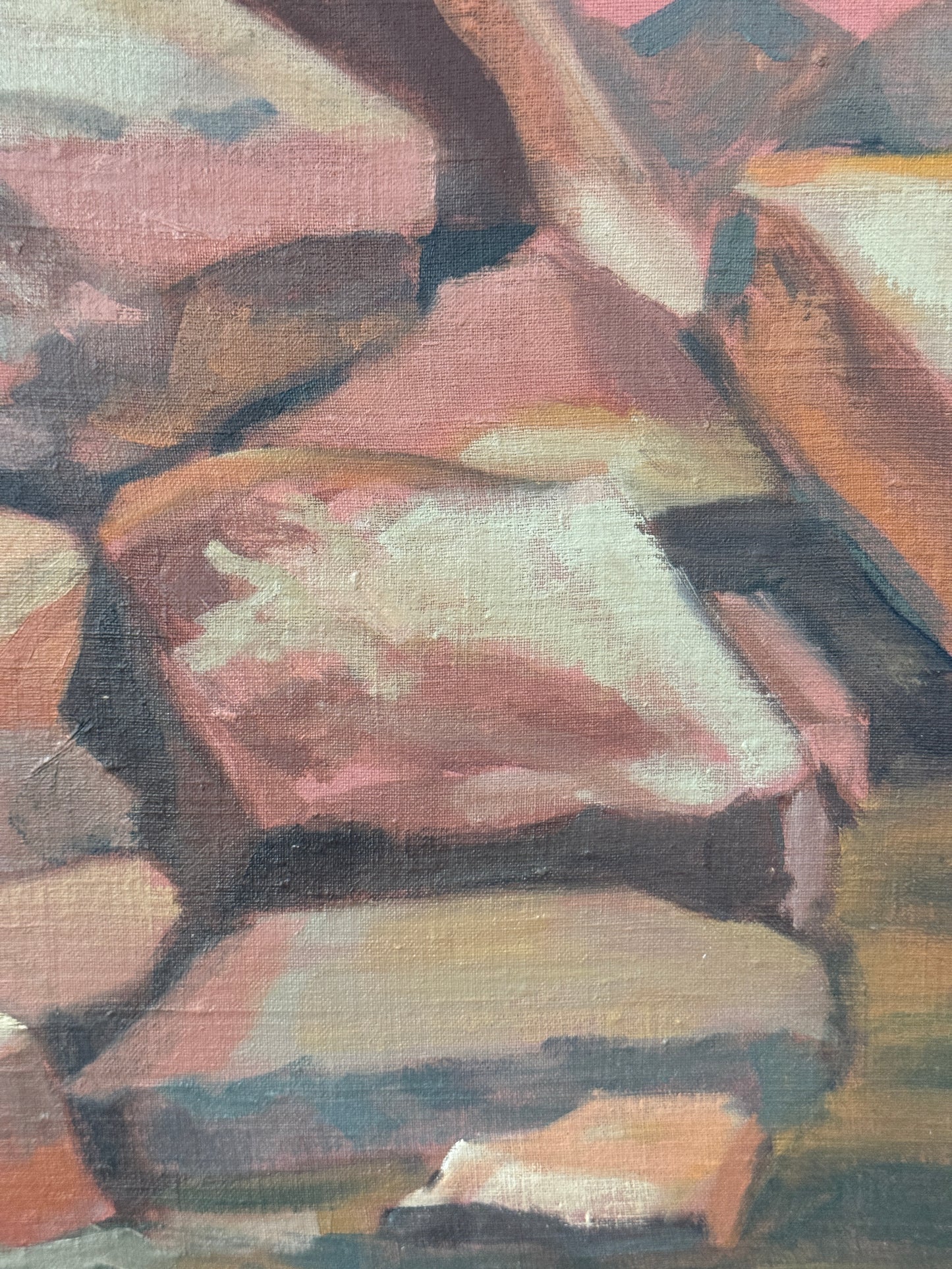 Vintage Oil Painting on Board, Pink Rocks