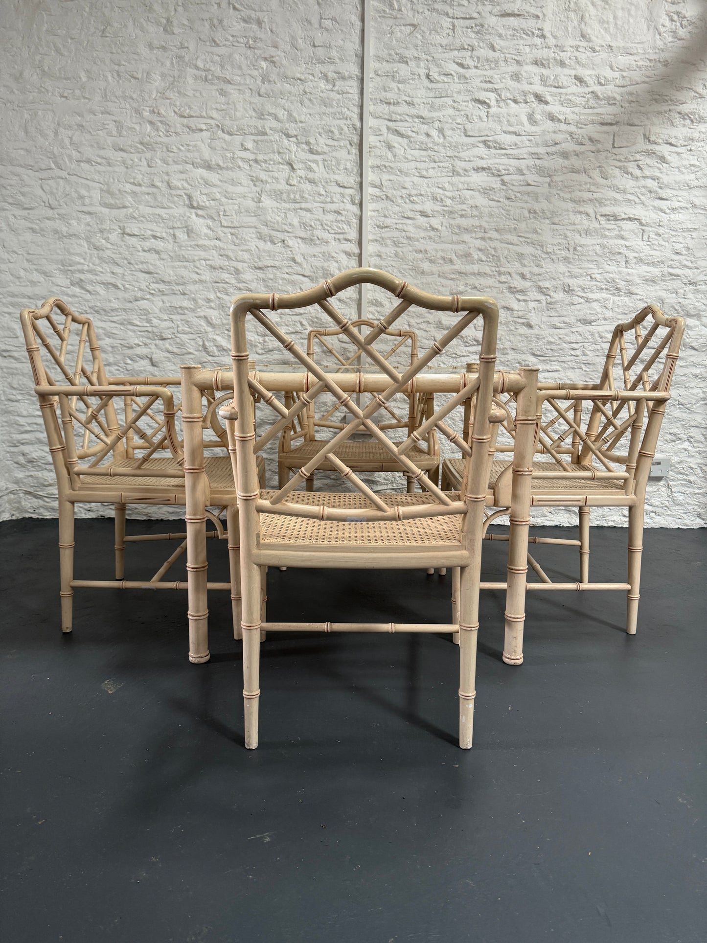 1970s Painted Faux Bamboo Table and 4 Armchairs with Rattan Seats. Ivory with red detailing