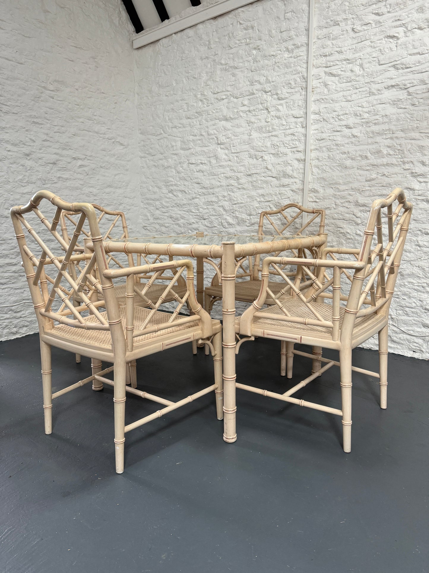 1970s Painted Faux Bamboo Table and 4 Armchairs with Rattan Seats. Ivory with red detailing