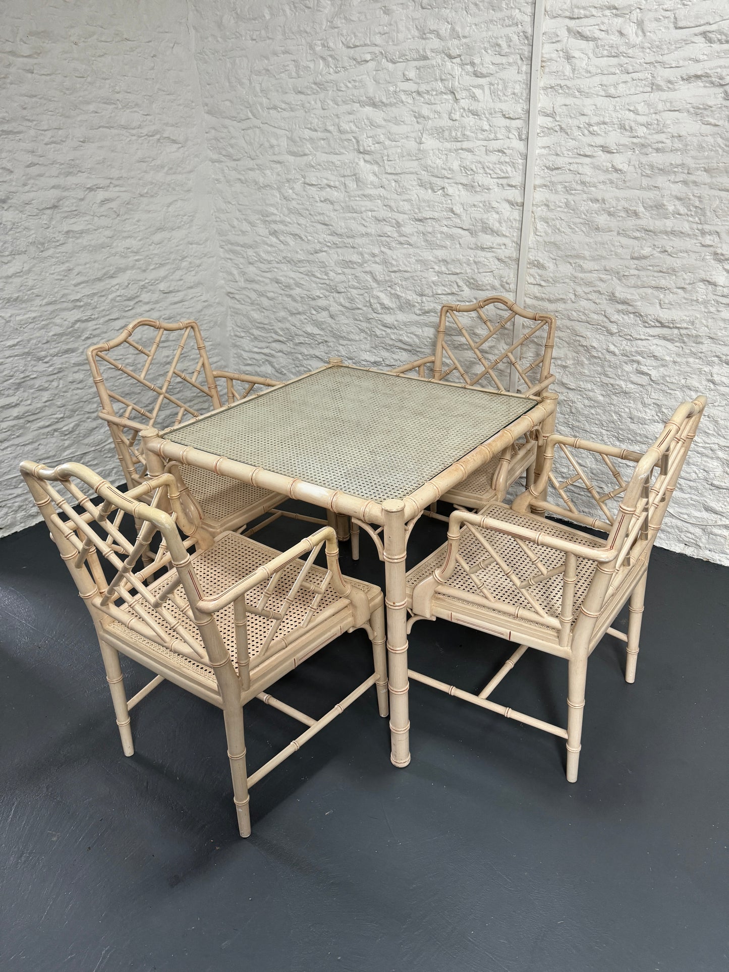 1970s Painted Faux Bamboo Table and 4 Armchairs with Rattan Seats. Ivory with red detailing