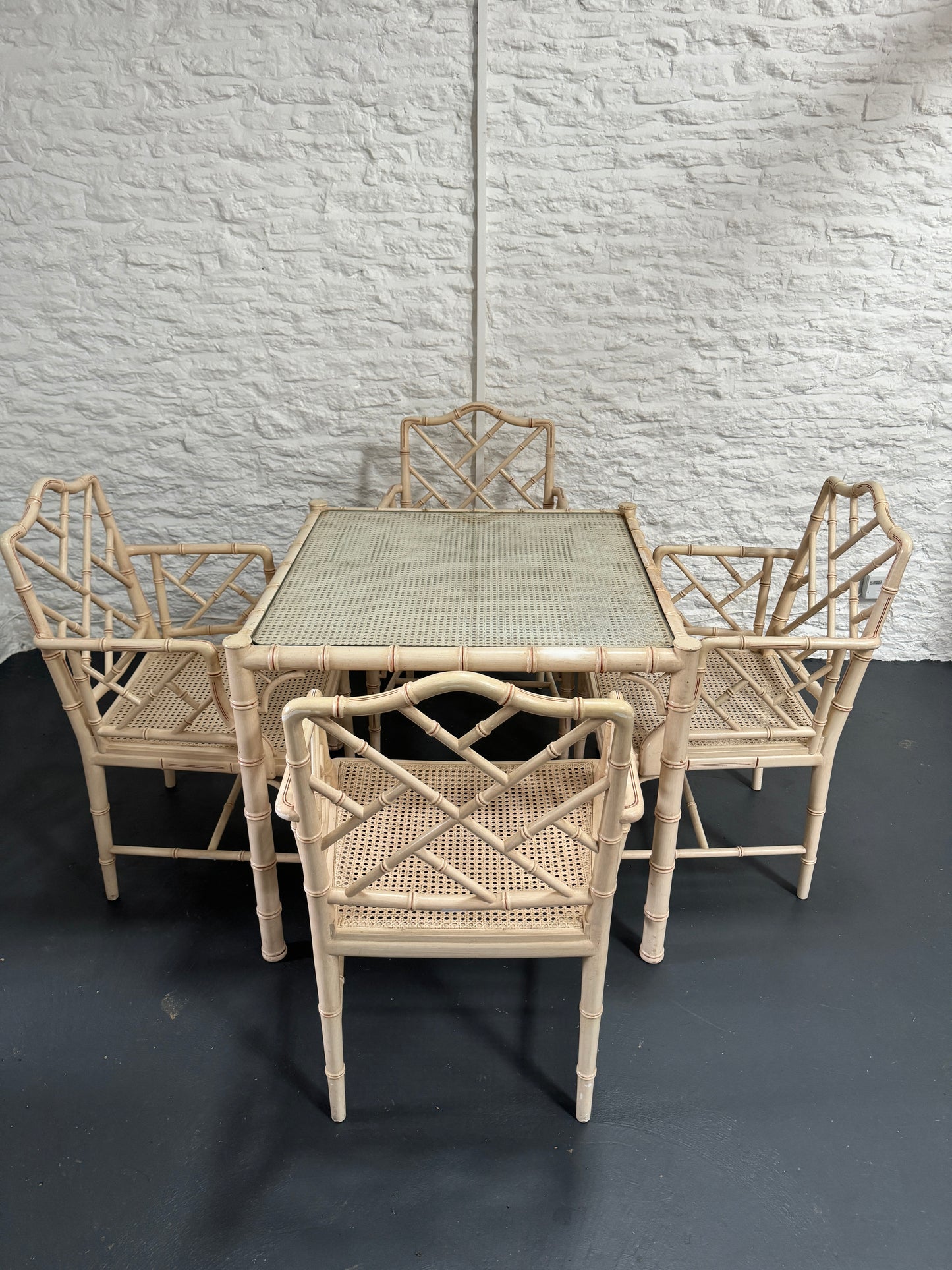 1970s Painted Faux Bamboo Table and 4 Armchairs with Rattan Seats. Ivory with red detailing