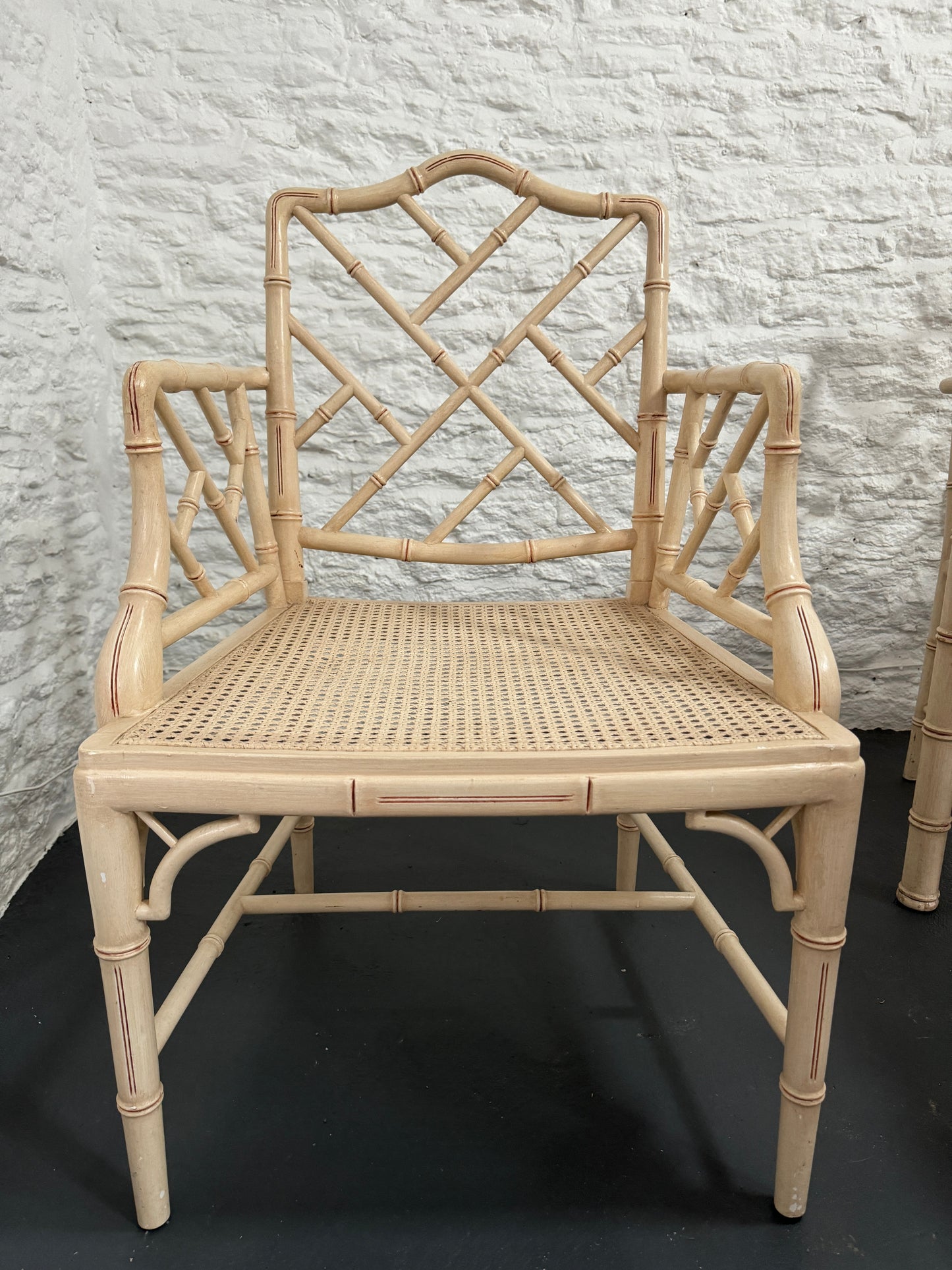 1970s Painted Faux Bamboo Table and 4 Armchairs with Rattan Seats. Ivory with red detailing
