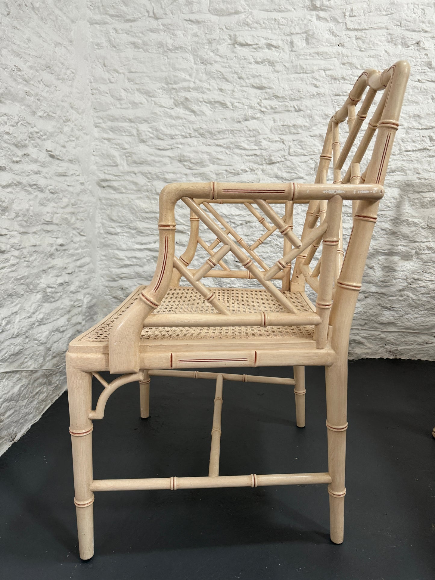 1970s Painted Faux Bamboo Table and 4 Armchairs with Rattan Seats. Ivory with red detailing