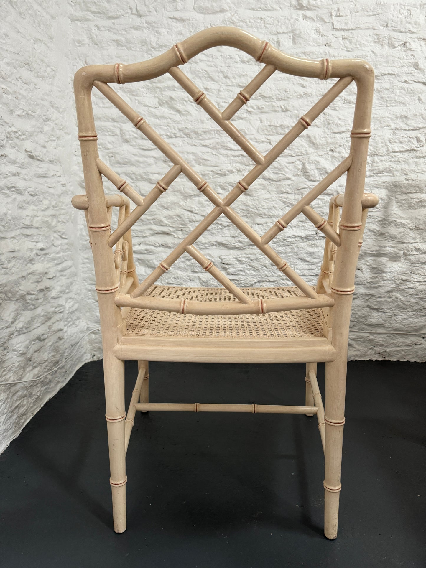 1970s Painted Faux Bamboo Table and 4 Armchairs with Rattan Seats. Ivory with red detailing