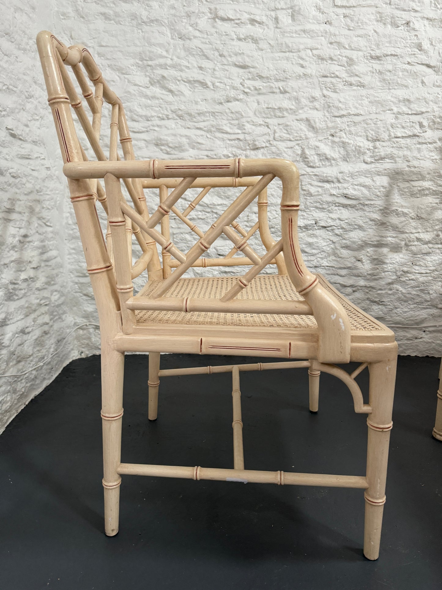 1970s Painted Faux Bamboo Table and 4 Armchairs with Rattan Seats. Ivory with red detailing