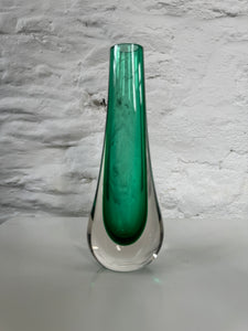 Pair Whitefriars Green Art Glass Teardrop Vases, Vintage