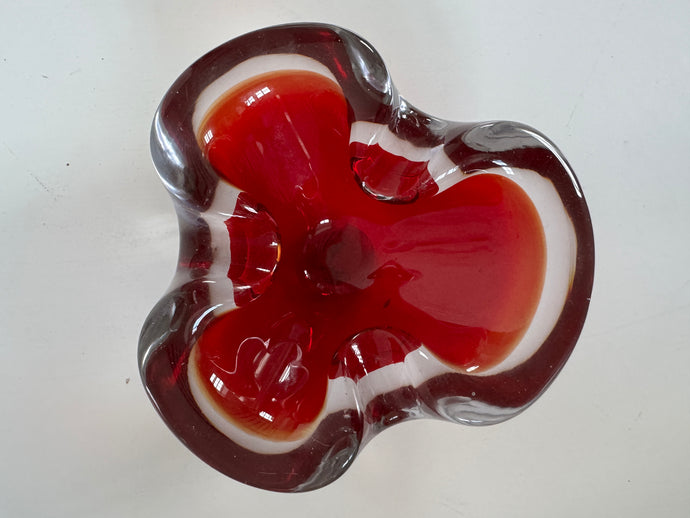 Red with encased white rim. Vintage Murano Art Glass Bowl.