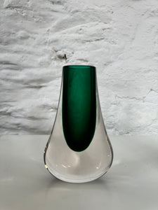 Pair Whitefriars Green Art Glass Teardrop Vases, Vintage