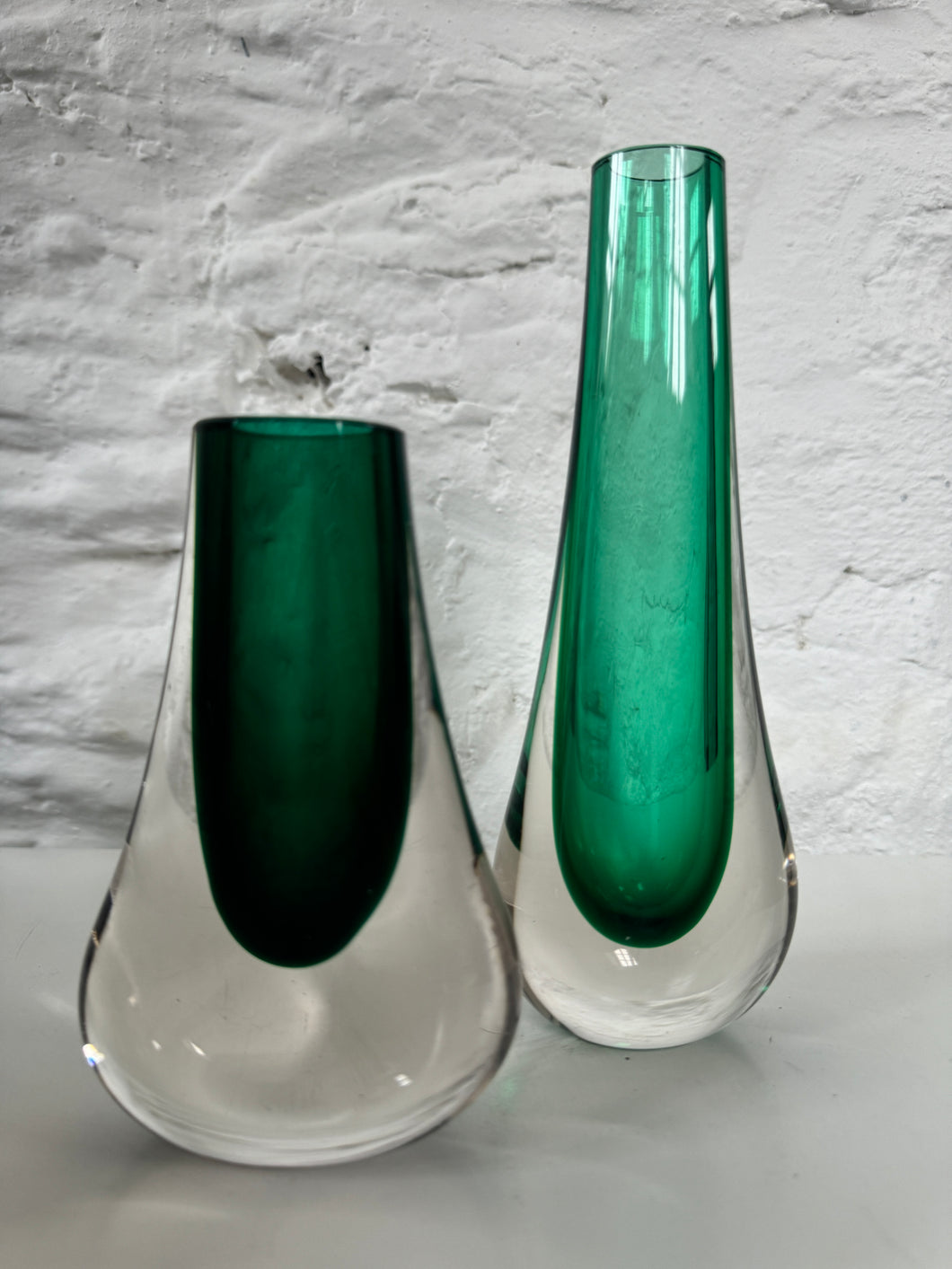 Pair Whitefriars Green Art Glass Teardrop Vases, Vintage