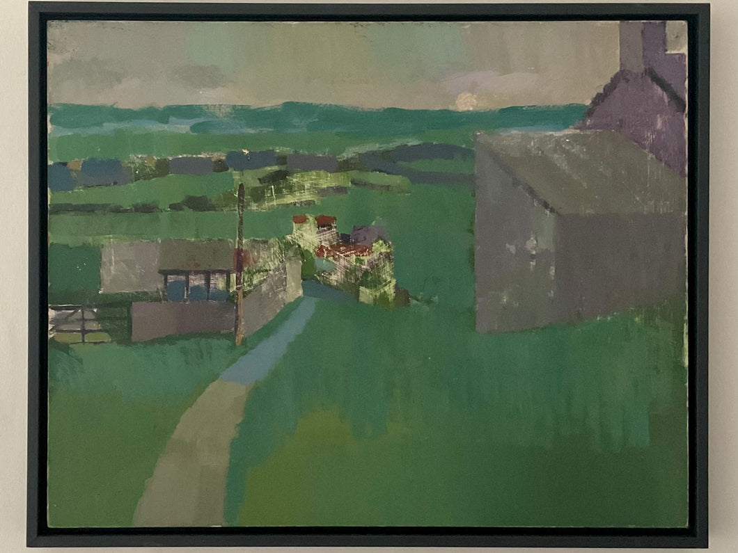 Vintage Landscape by Norfolk Artist Derek Inwood - Oil on Board - Greens/Greys