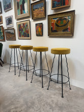 Load image into Gallery viewer, Set of 4 Vintage French Wrought Iron Bar Stools with velvet seats