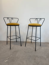 Load image into Gallery viewer, Pair of Vintage Mid Century Kitchen Island Stools in Wrought Iron with newly covered seats in Gold cotton velvet
