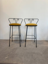 Load image into Gallery viewer, Pair of Vintage Mid Century Kitchen Island Stools in Wrought Iron with newly covered seats in Gold cotton velvet