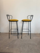 Load image into Gallery viewer, Pair of Vintage Mid Century Kitchen Island Stools in Wrought Iron with newly covered seats in Gold cotton velvet