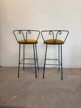 Load image into Gallery viewer, Pair of Vintage Mid Century Kitchen Island Stools in Wrought Iron with newly covered seats in Gold cotton velvet