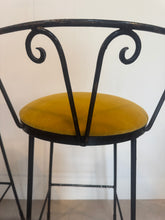 Load image into Gallery viewer, Pair of Vintage Mid Century Kitchen Island Stools in Wrought Iron with newly covered seats in Gold cotton velvet
