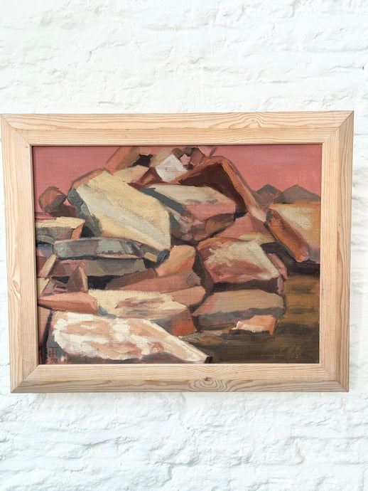 Vintage Oil Painting on Board, Pink Rocks