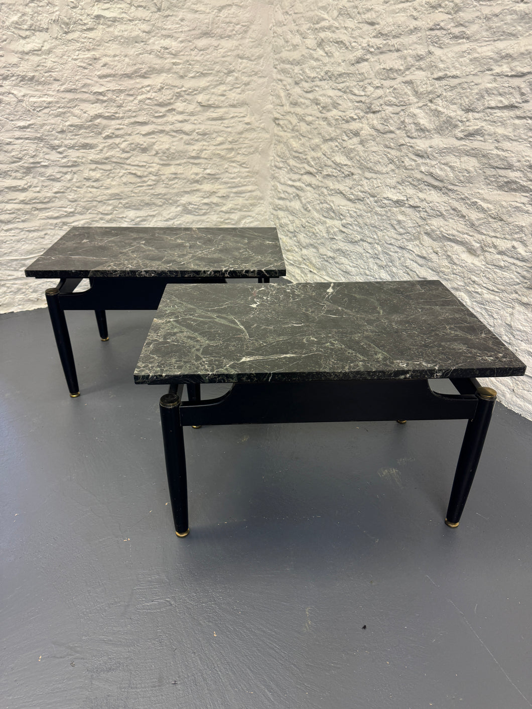 Pair mid century marble top bedside/side tables